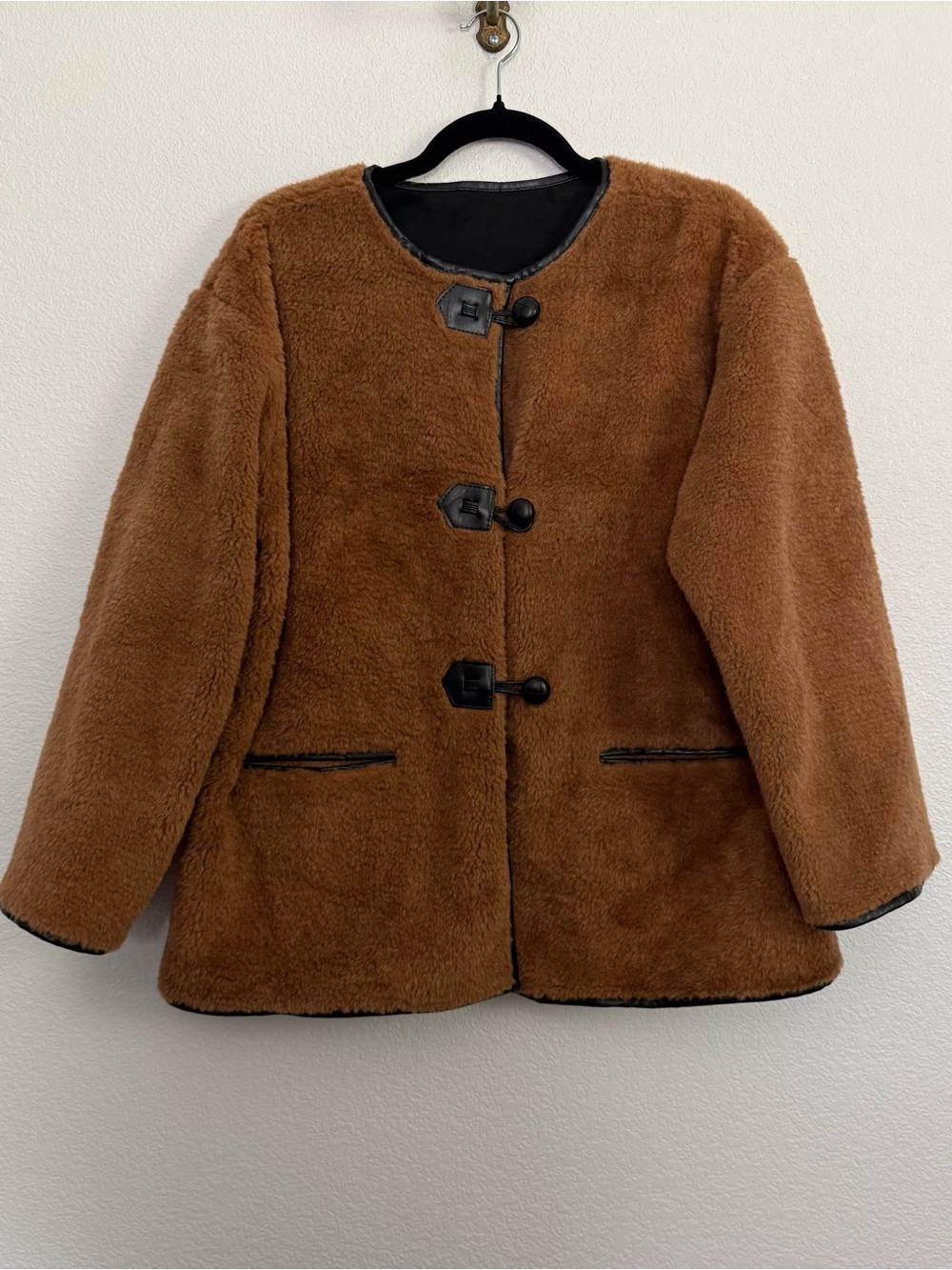 New Oversized Soft Teddy Faux Fur Toggle Style Coat in Brown XS